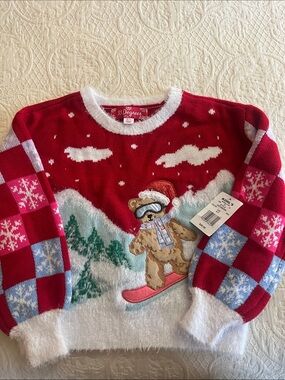 Girls 33 Degrees Red Teddy Bear Snowboard holiday Crewneck Sweater-NWT-size 7